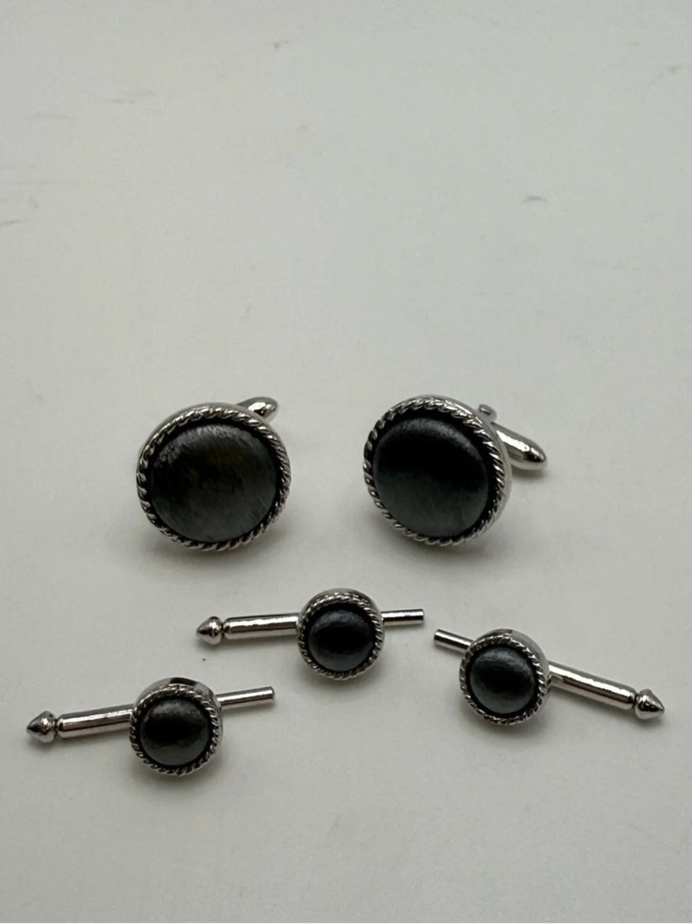 Swank Cufflinks Stud Set Hematite Gray Silver Tone Vintage Formal Set